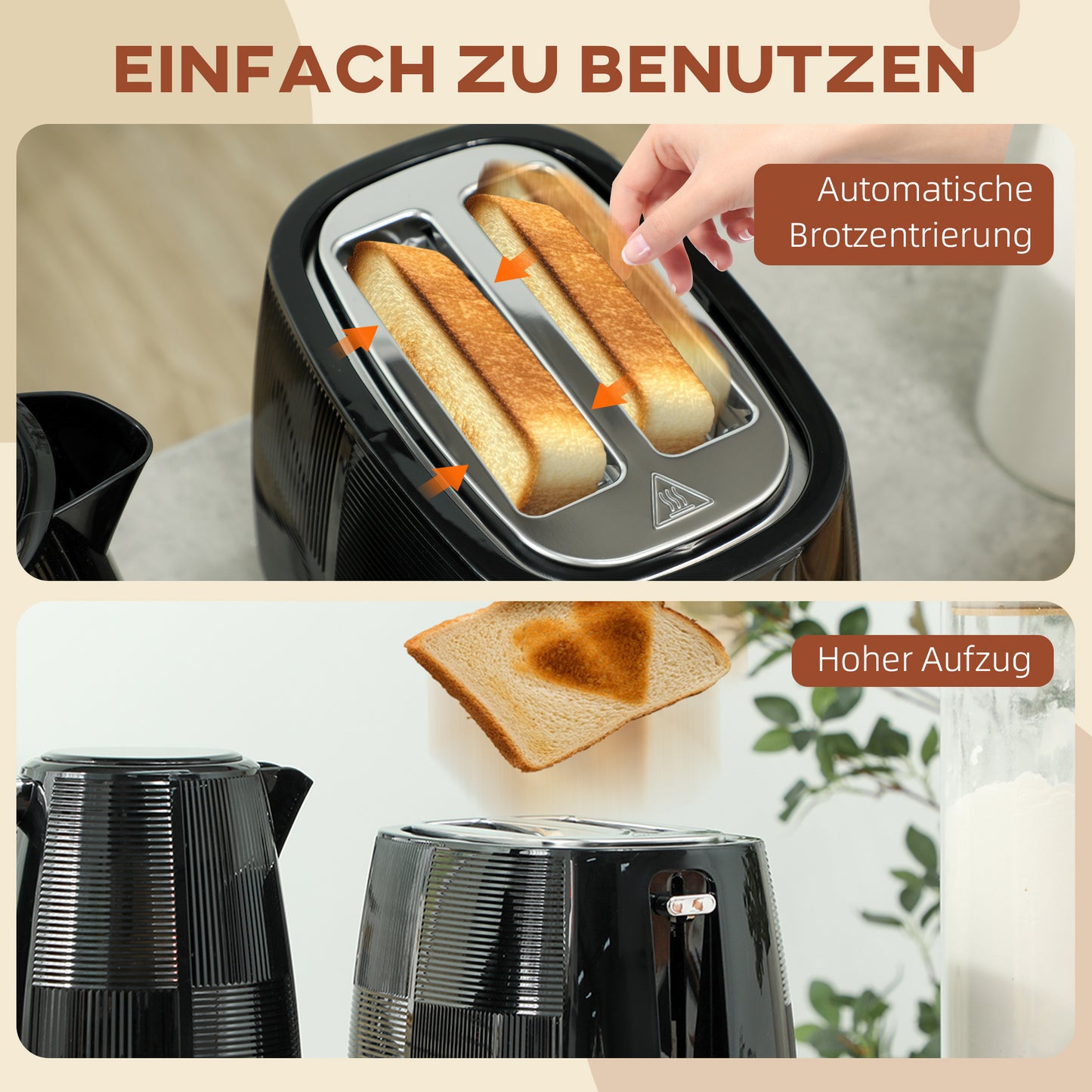 HOMCOM Wasserkocher- und Toaster-Set, 1,7 L, verschiedene Funktionen, Edelstahl, Schwarz