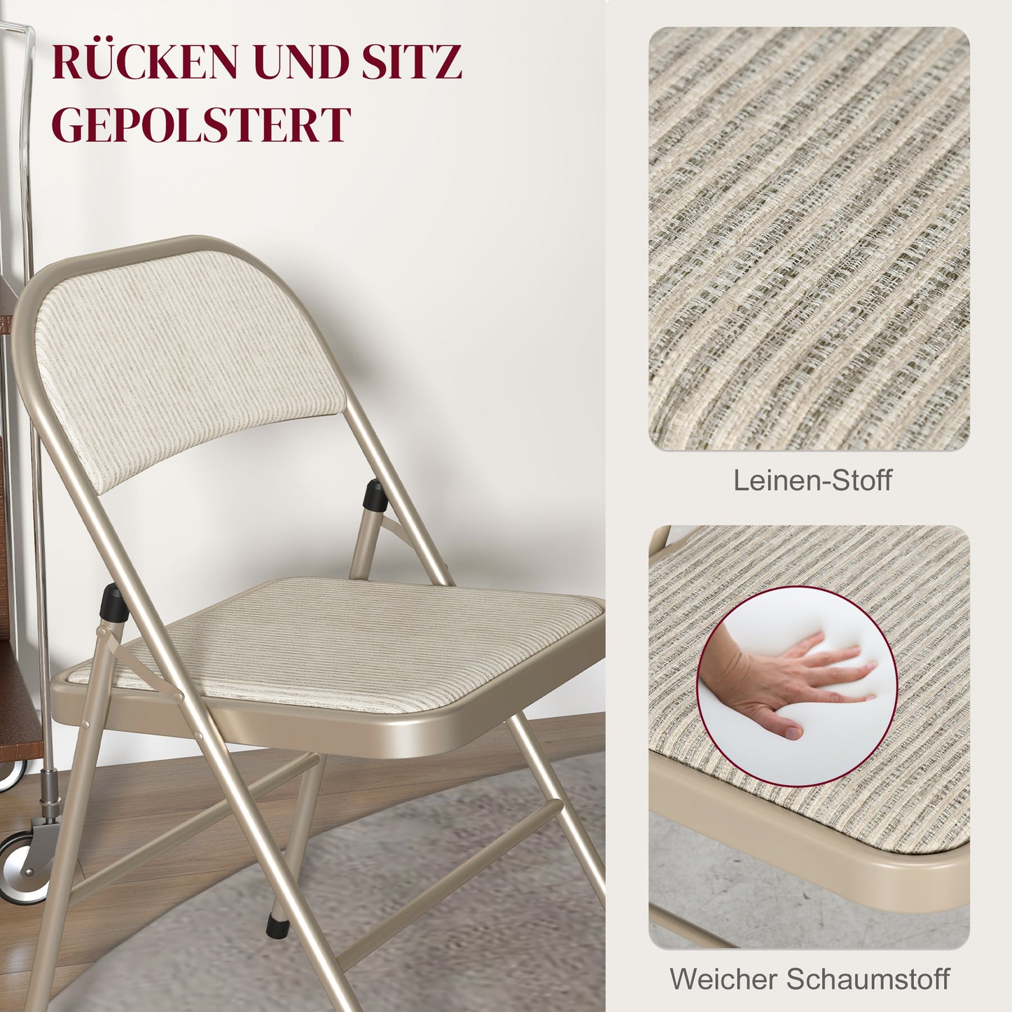 HOMCOM 4er-Set Klappstühle, Tragbare Bürostühle, Stahlbeine, Faltstuhl für Büro, Empfang, Wartezimmer, Leinenoptik Beige
