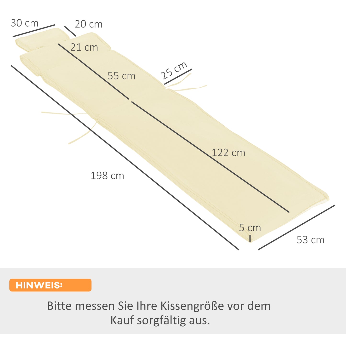 Outsunny Liegenauflage Liegenpolster Gartenliege mit Kopfkissen abnehmbar Bezug Cremeweiß 198 x 53 x 5 cm NUR Kissen