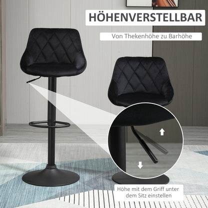 HOMCOM Barhocker 2er Set, Gepolstert Barstuhl mit Stahlgestell, Lehne, Samtoptik, Höhenverstellbar Küchenstühle mit Fußstütze 360° Drehbar Tresenhocker für Küche, Wohnzimmer, Esszimmer Schwarz