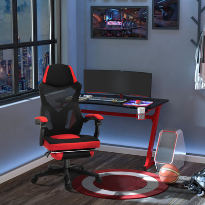 Vinsetto Ergonomischer Bürostuhl, Gaming Stuhl, Drehstuhl mit Fußstütze, PC Stuhl, Chefsessel, höhenverstellbar, Polyester, Schwarz+Rot,58 x 63 x 112-122 cm