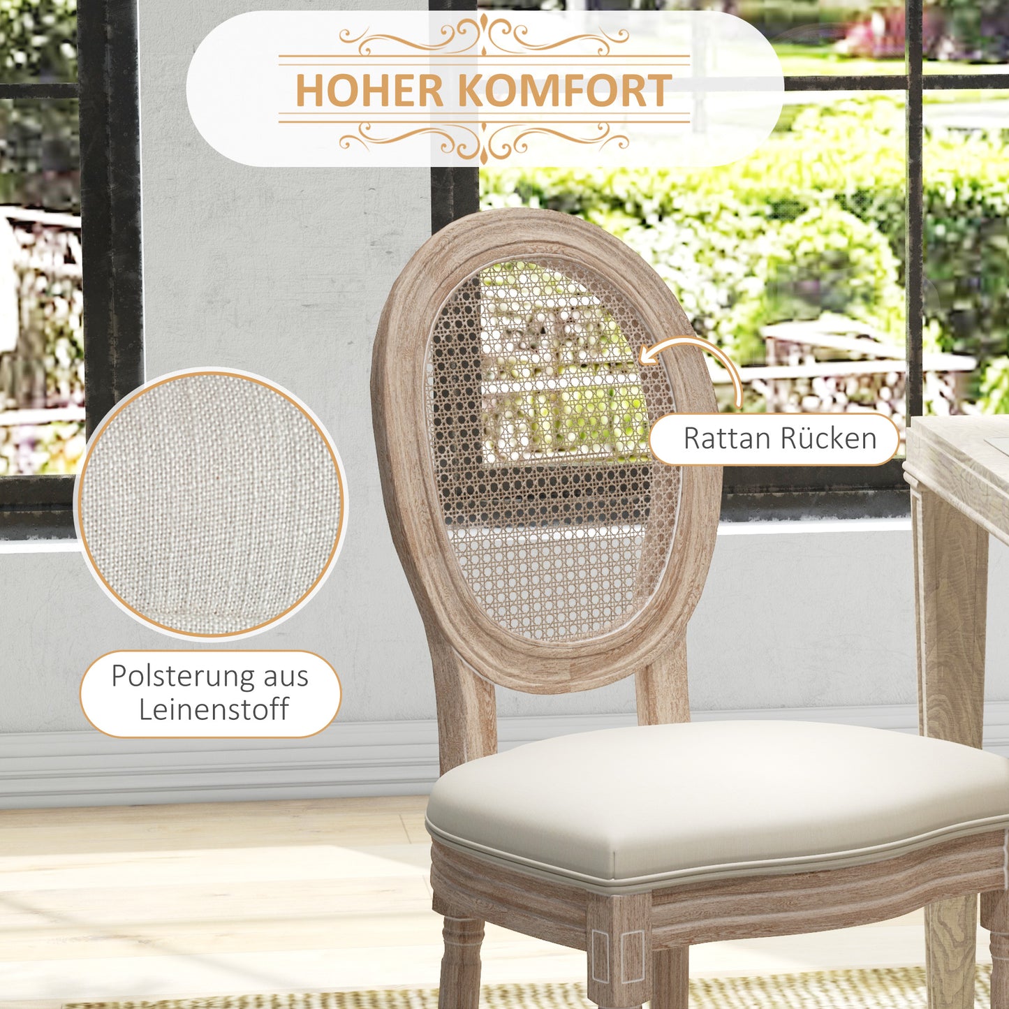 HOMCOM 2er-Set Esszimmerstühle Küchenstühle, Vintage Design, Wienergeflecht-Optik, Natur + Creme