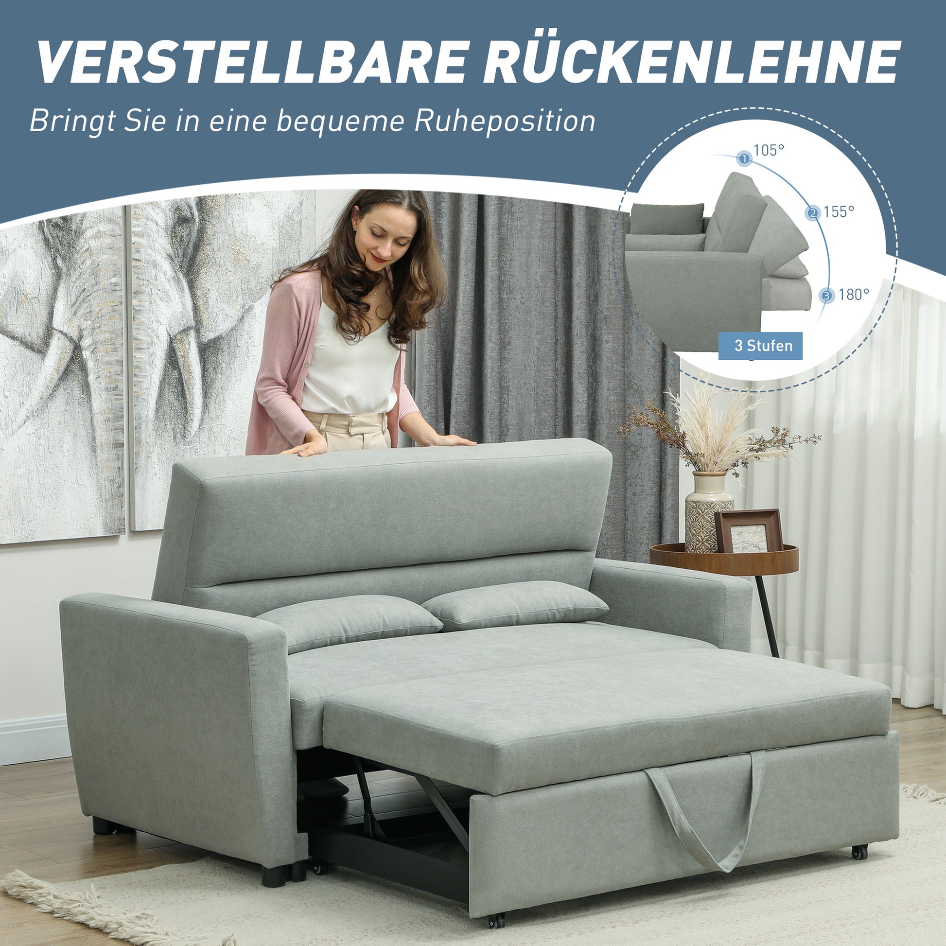 HOMCOM 2-Sitzer Sofa mit Bettfunktion, Verstellbarer Rückenlehne, Polstersofa, Samtoptik, für Wohnzimmer, Schlafzimmer, Hellgrau