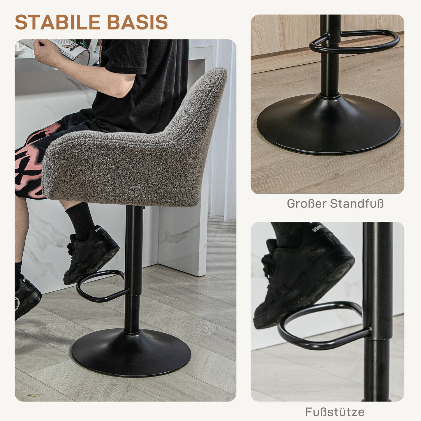 HOMCOM Barhocker 2er-Set Retro-Design höhenverstellbar Fleece-Optik Grau + Schwarz