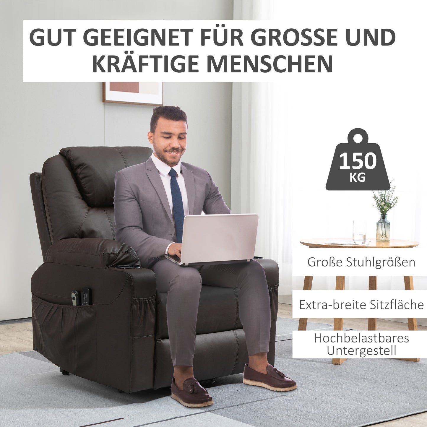 HOMCOM Massagesessel mit Aufstehhilfe, Liegefunktion, Kunstleder, bis 150 kg, 88 x 99 x 106 cm, Braun