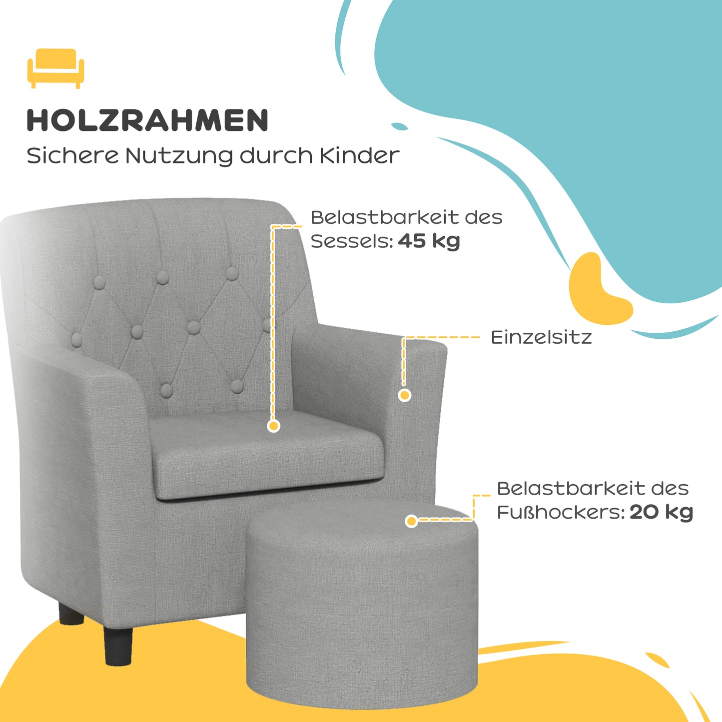 AIYAPLAY Kindersessel mit Hocker, Rückenlehne Diamantmuster, weiche Sitzfläche, Holzrahmen, Grau