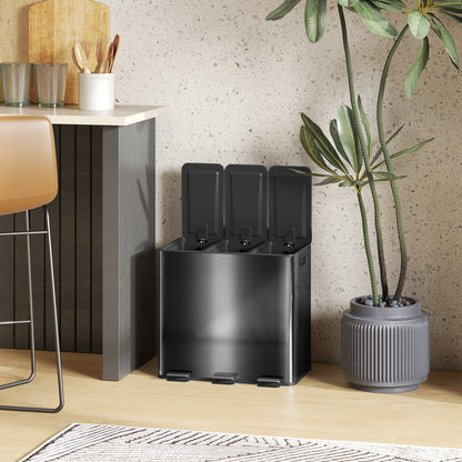 HOMCOM Mülleimer mit 3 x 20 L Fächern, Deodorant-Deckel, fingerabdrucksicher, Soft-Close, herausnehmbar, Schwarz