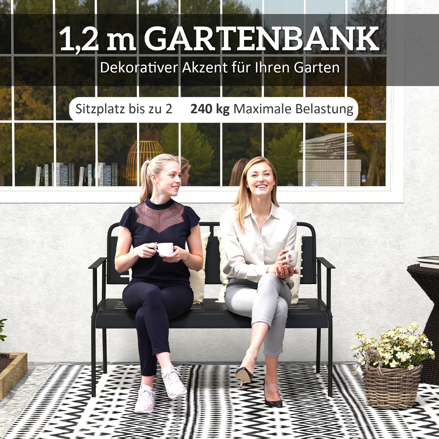 Outsunny -Sitzer Gartenbank, wetterfest Sitzbank, wasserabweisend Gartenmöbel mit Rücken- & Armlehnen 121 x 64 x 84cm, Schwarz