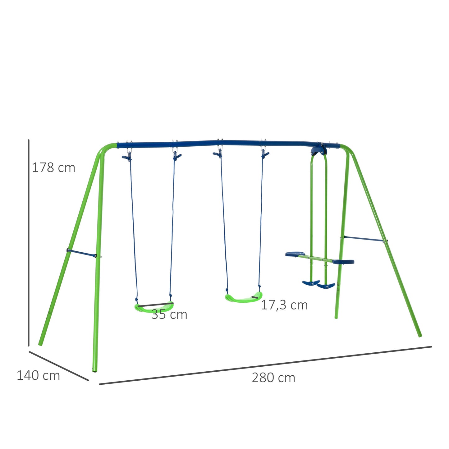 Outsunny Schaukelgestell, Outdoor-Schaukelgerüst mit 2 Schaukeln, Wippe, Kinderschaukel mit Metallgestell, Grün