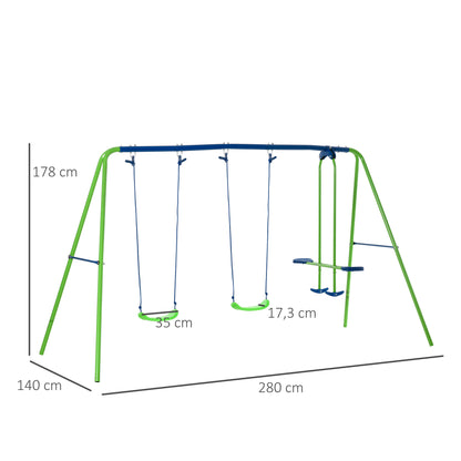 Outsunny Schaukelgestell, Outdoor-Schaukelgerüst mit 2 Schaukeln, Wippe, Kinderschaukel mit Metallgestell, Grün
