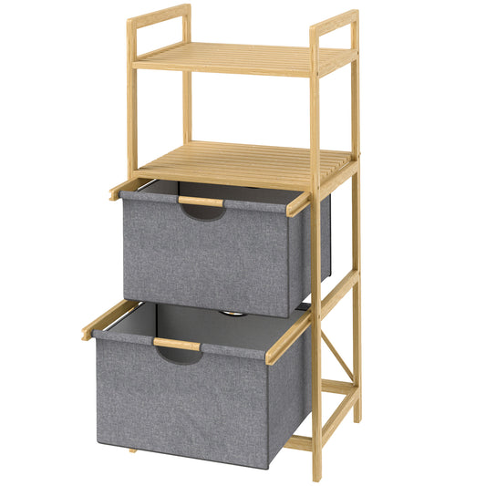 HOMCOM Bambus-Wäscheregal, mit 2 Wäschekörben aus Stoff, offene Ablagen, platzsparend, Naturholz