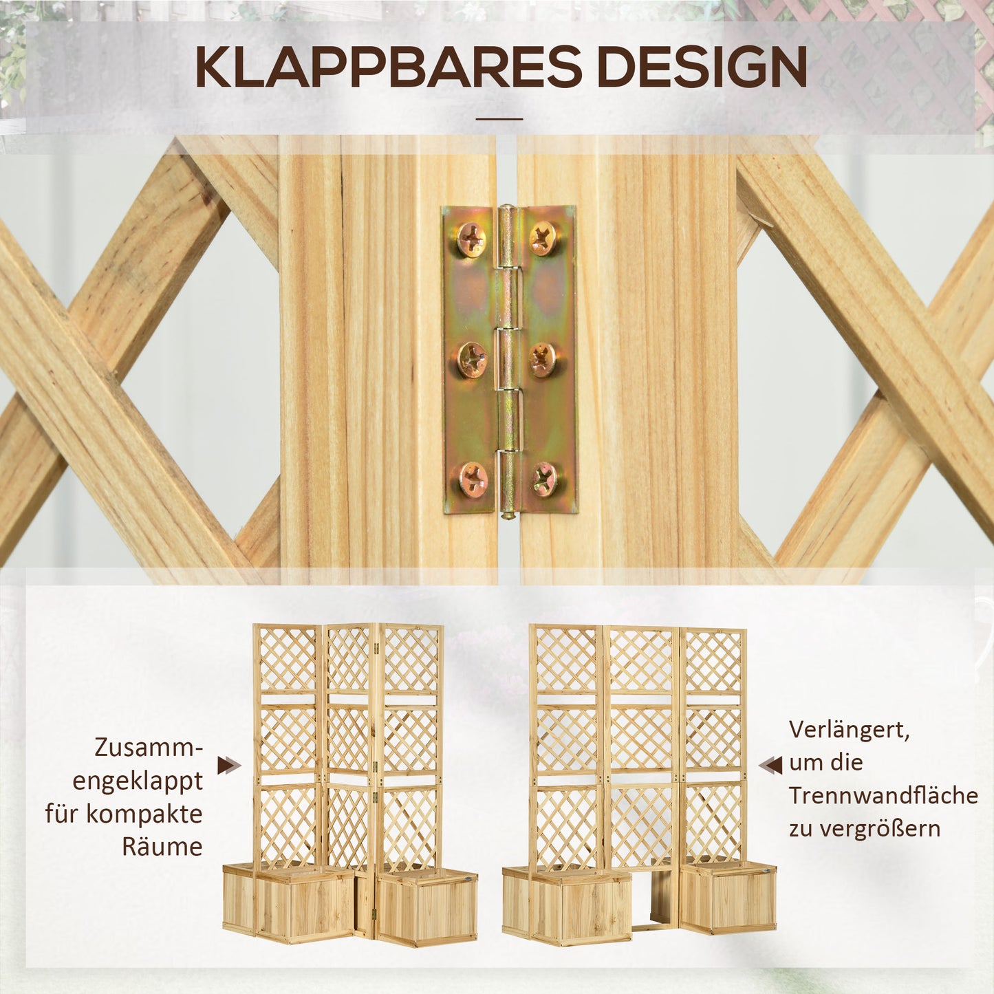 Outsunny Paravent, Sichtschutz für Garten, dreifach klappbar, 4 Blumenkästen, Massivholz, Naturfarbe, 133 x 62 x 165 cm