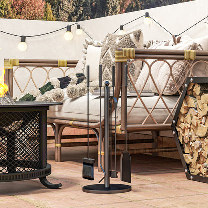 Outsunny Kaminbesteck, 5-teilig, Besen, Schaufel, Zange, Schürhaken und Ständer, feuerfestes Metall, Schwarz