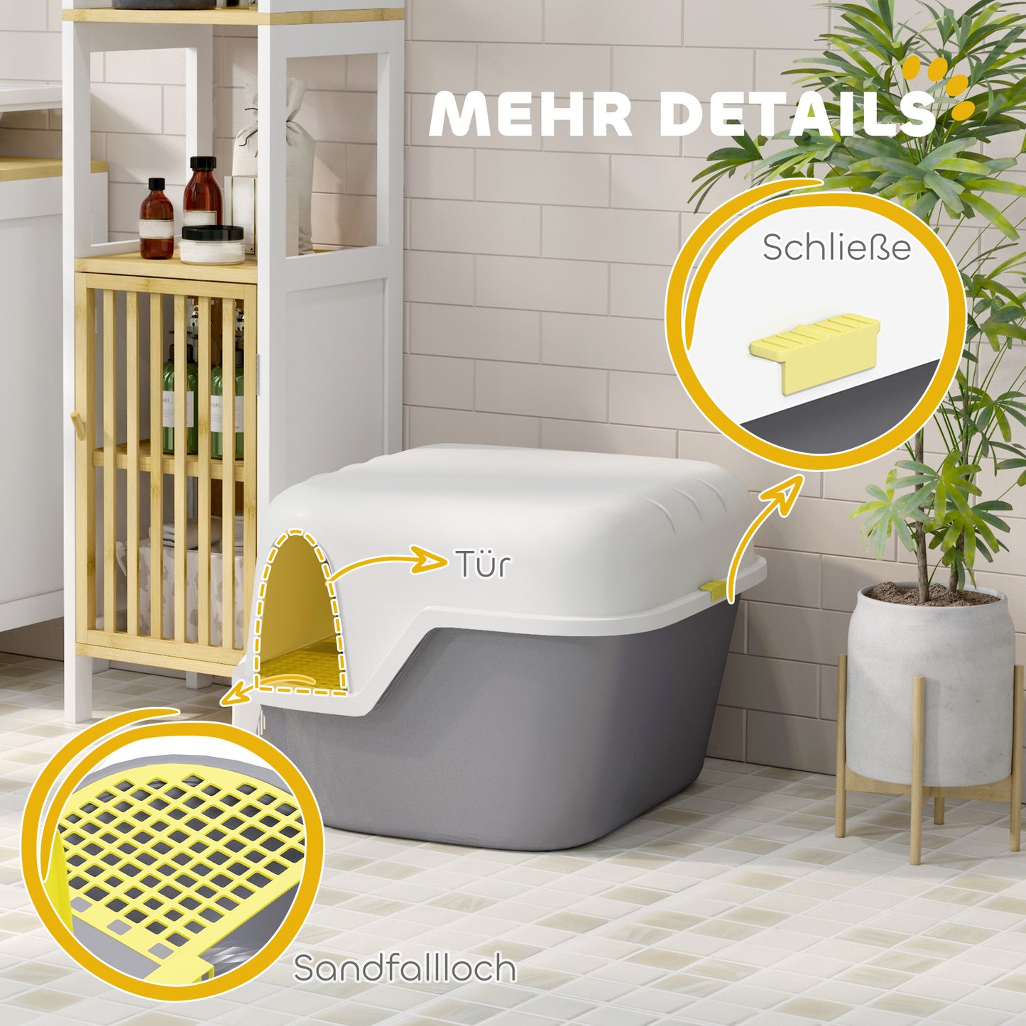 PawHut Katzentoilette, Katzenklo mit Deckel und Schaufel, leicht zu reinigen, verschließbar, Weiß