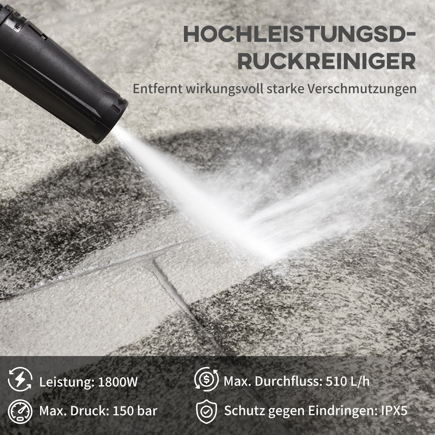DURHAND Hochdruckreiniger Druckreiniger 5-tlg. Zubehör, verstellbare Spritzdüse, 150 bar Druck, 1800 W, max. 510 l/h, 35x27x78cm
