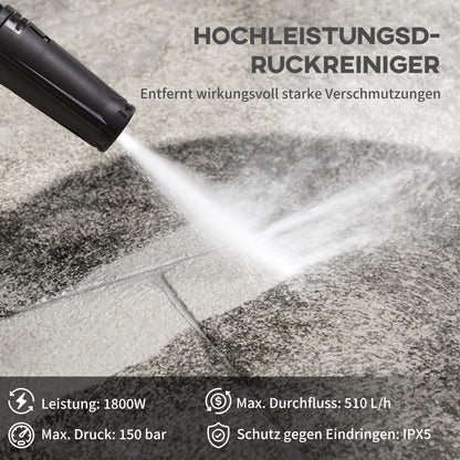 DURHAND Hochdruckreiniger Druckreiniger 5-tlg. Zubehör, verstellbare Spritzdüse, 150 bar Druck, 1800 W, max. 510 l/h, 35x27x78cm