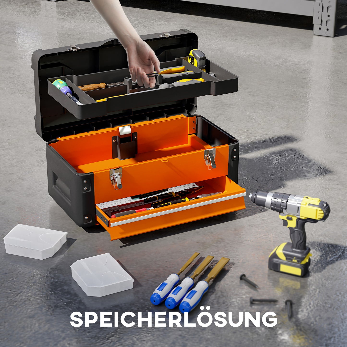 HOMCOM Werkzeugkiste leer, 49,7 x 25,3 x 23 cm Werkzeugkasten mit Schublade, Mini-Box Stahl Orange