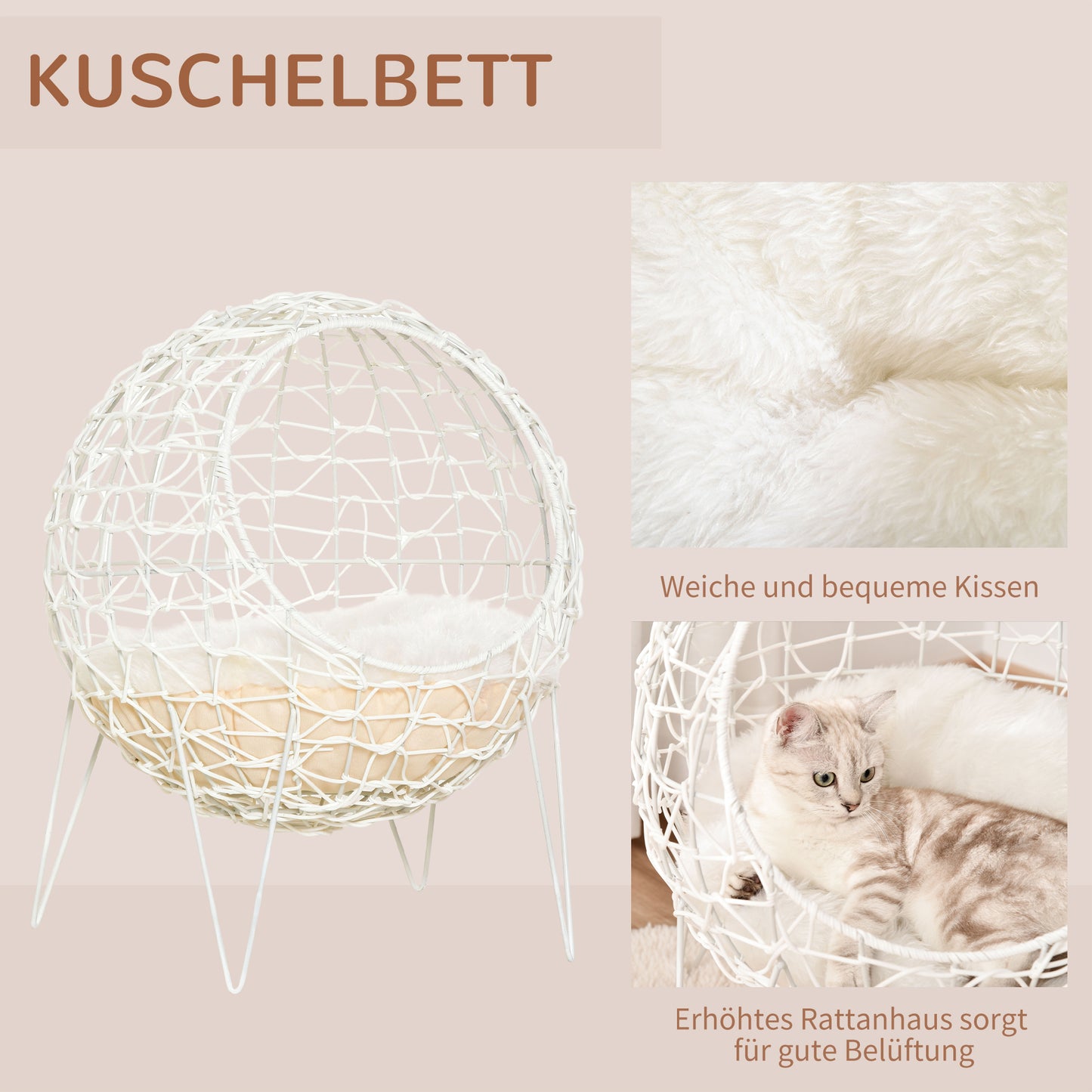 Pawhut Rattan Katzenkorb Katzenhöhle Katzenhütte Katzenbett mit Kissen erhöhtes Design Haustierbett Cremeweiß Ø45 x 57H cm