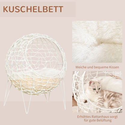 Pawhut Rattan Katzenkorb Katzenhöhle Katzenhütte Katzenbett mit Kissen erhöhtes Design Haustierbett Cremeweiß Ø45 x 57H cm
