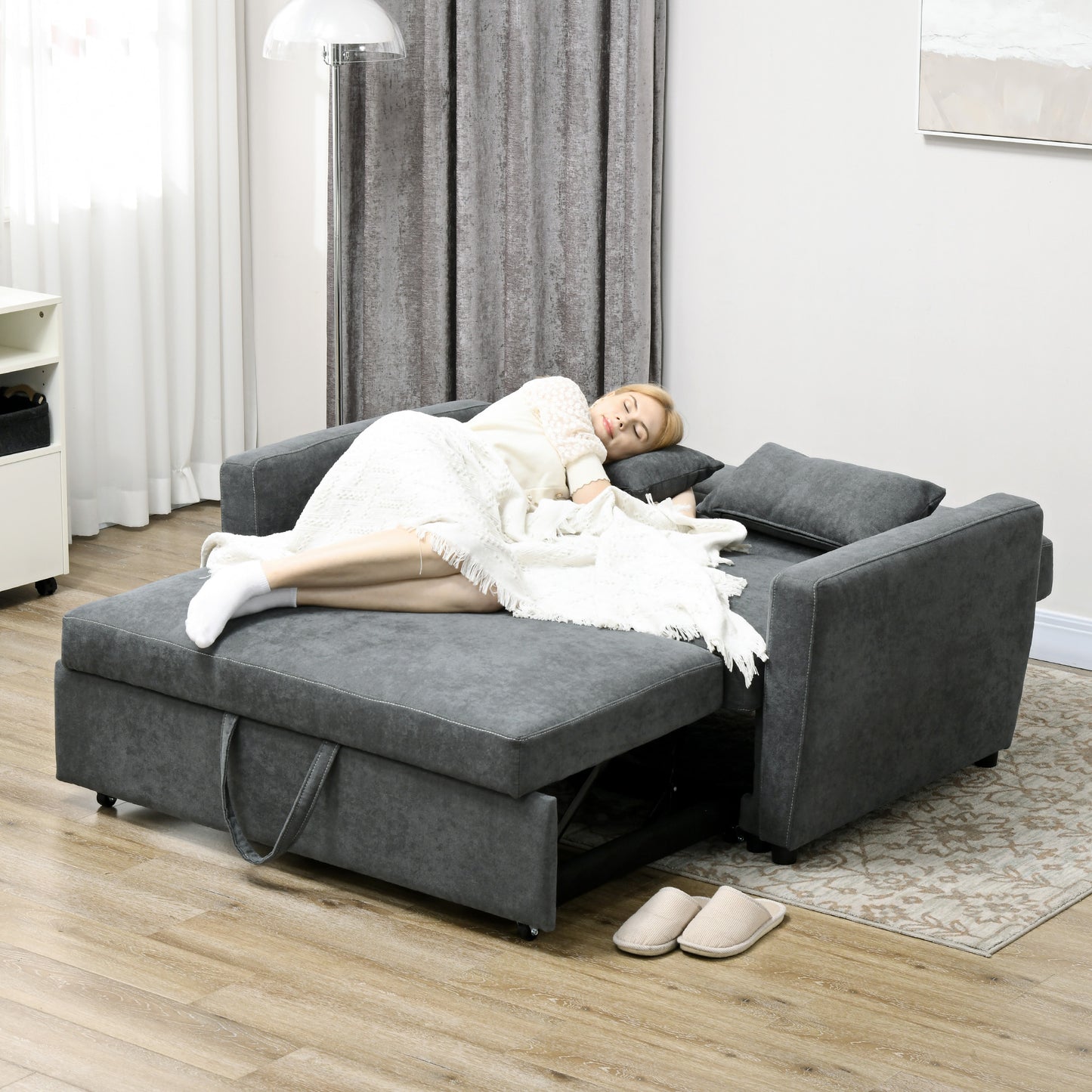 HOMCOM Schlafsofa, 2-Sitzer, ausklappbar, bis 200 kg, Holzrahmen, 155x90x88,5cm, Dunkelgrau