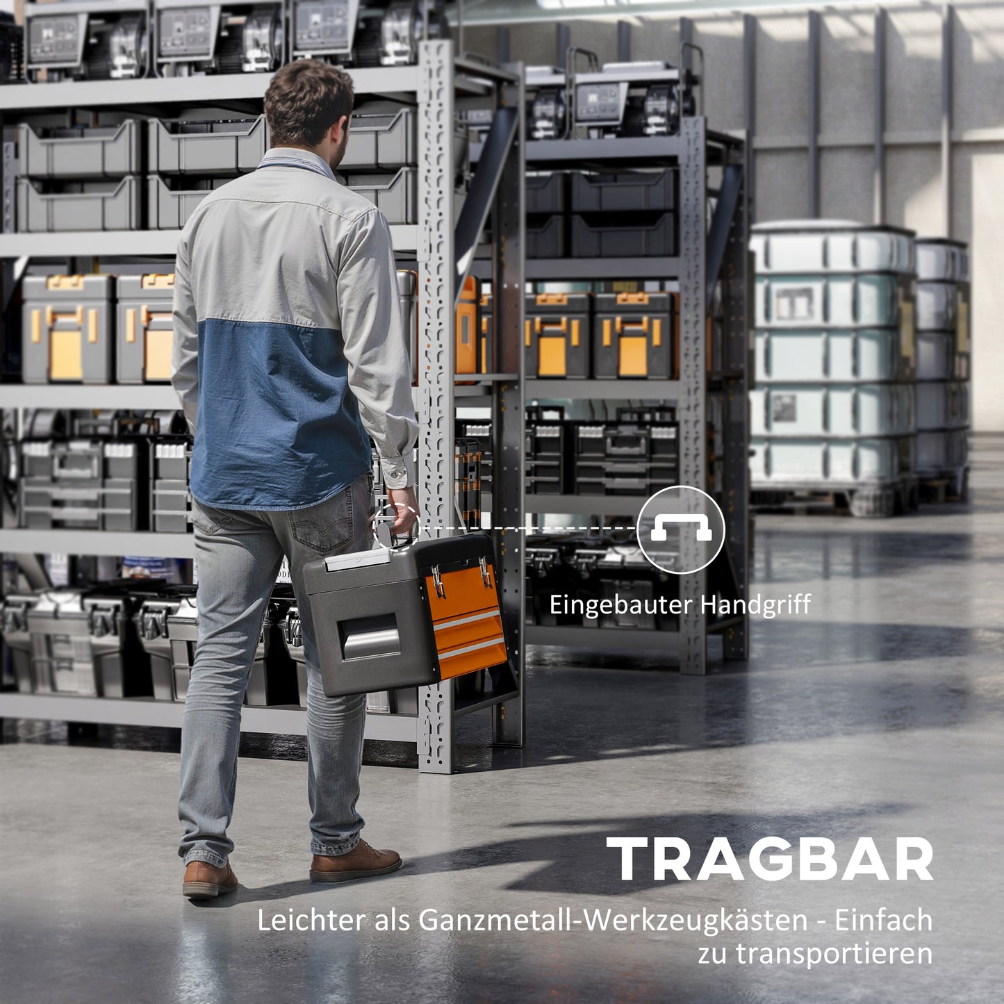 HOMCOM Werkzeugkiste leer, 49,7 x 25,3 x 28,9 cm Werkzeugkasten mit Schublade, Mini-Box Stahl Orange