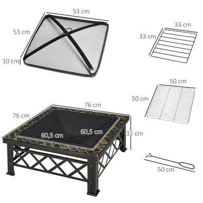 Outsunny 3-in-1 Feuerschale Feuerkorb Feuerstelle mit Funkenschutz Grillrost Eiskübel Garten BBQ Schwarz 76cm x 76cm x 47cm
