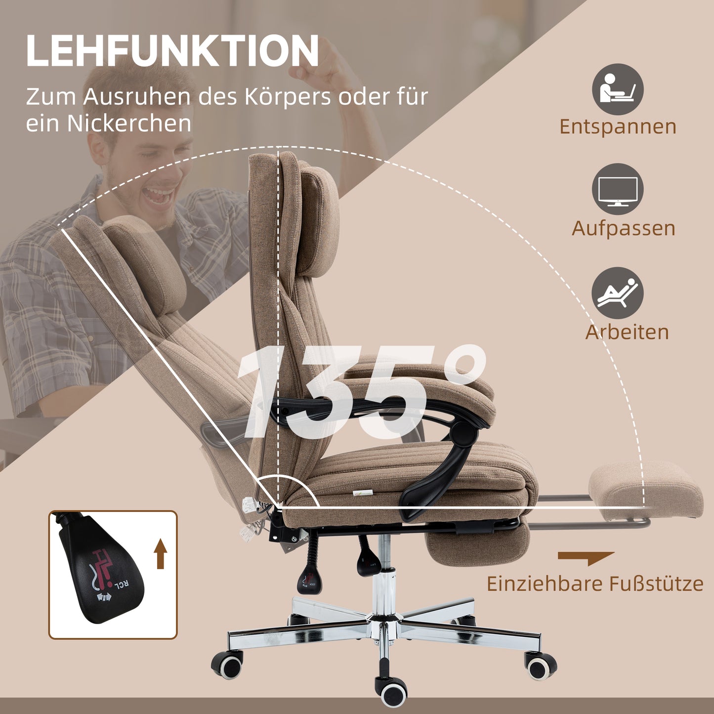 Vinsetto Bürostuhl med Massagefunktion, Neigbare Rücklehne, Ausziehbare Fußstütze, Leinenoptik, 65 x 61 x 118 cm, Braun
