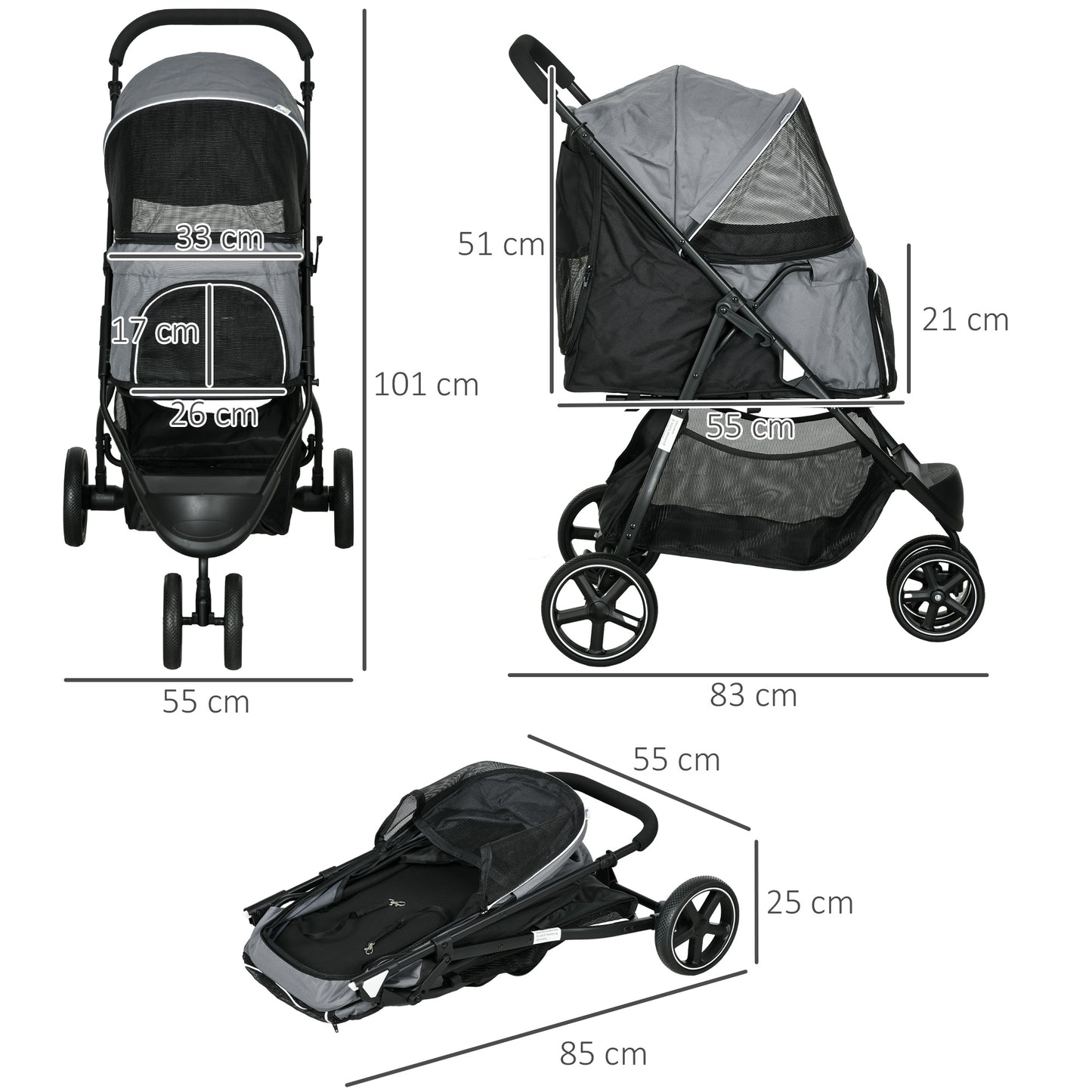 PawHut Hundebuggy Haustierwagen bis 10kg klappbar Regenschutz 2 Sicherheitsleinen 83cm x 55cm x 101cm Grau + Schwarz