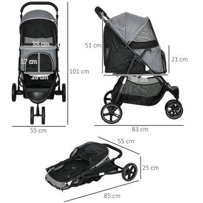 PawHut Hundebuggy Haustierwagen bis 10kg klappbar Regenschutz 2 Sicherheitsleinen 83cm x 55cm x 101cm Grau + Schwarz