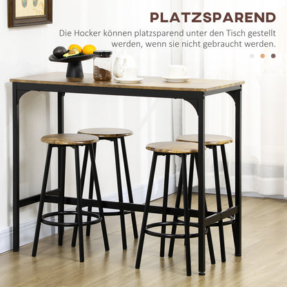 HOMCOM 5-tlg. Bartisch-Set im Industriedesign, 1 Bartisch, 4 Barhocker, Sitzgruppe, Küchentresen, Schwarz + Braun