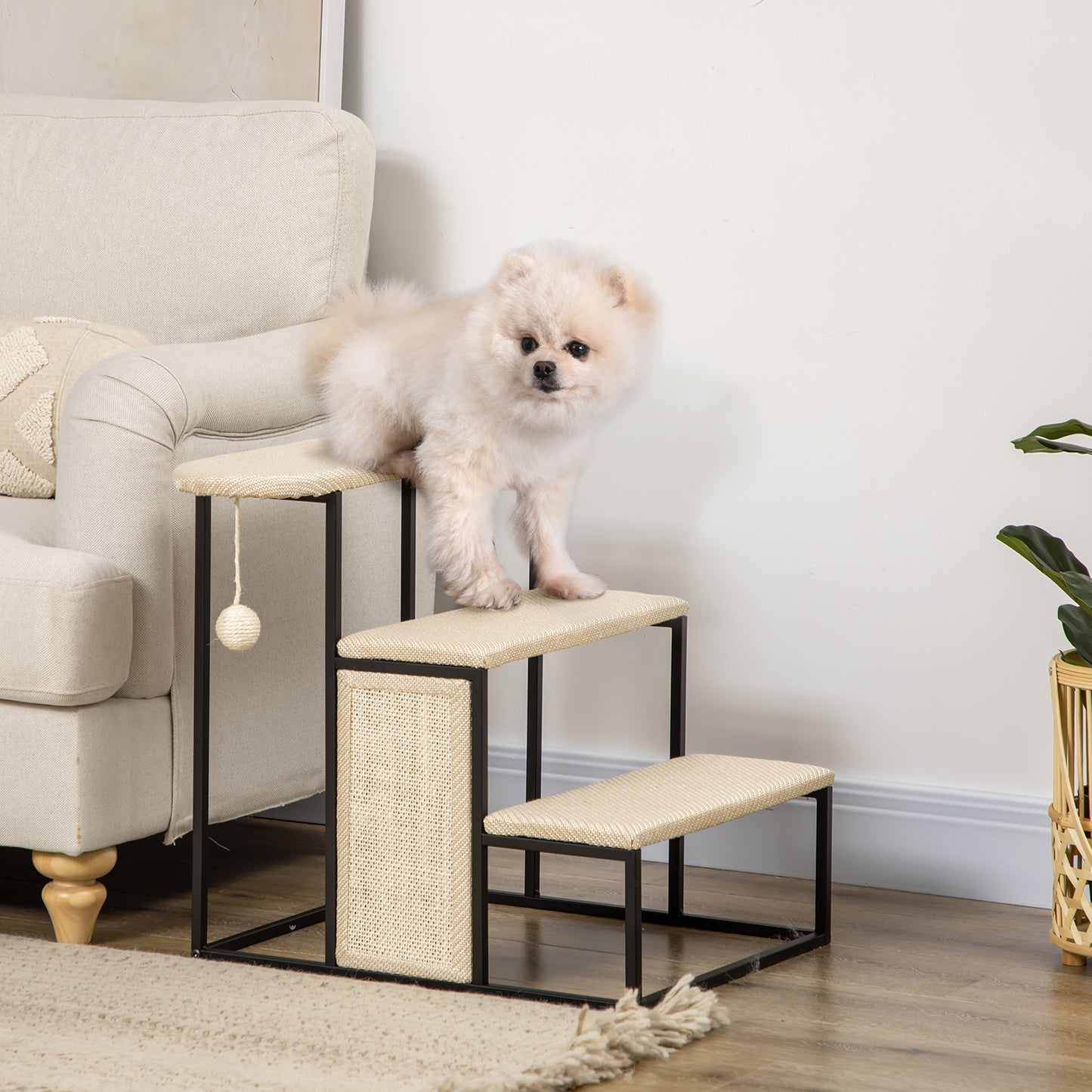 PawHut Katzentreppe, mit Kratzbrett, 3 Stufen, Spielball, robust, Stahl+Sisal, cremeweiß+schwarz, 51 x 54 x 53cm