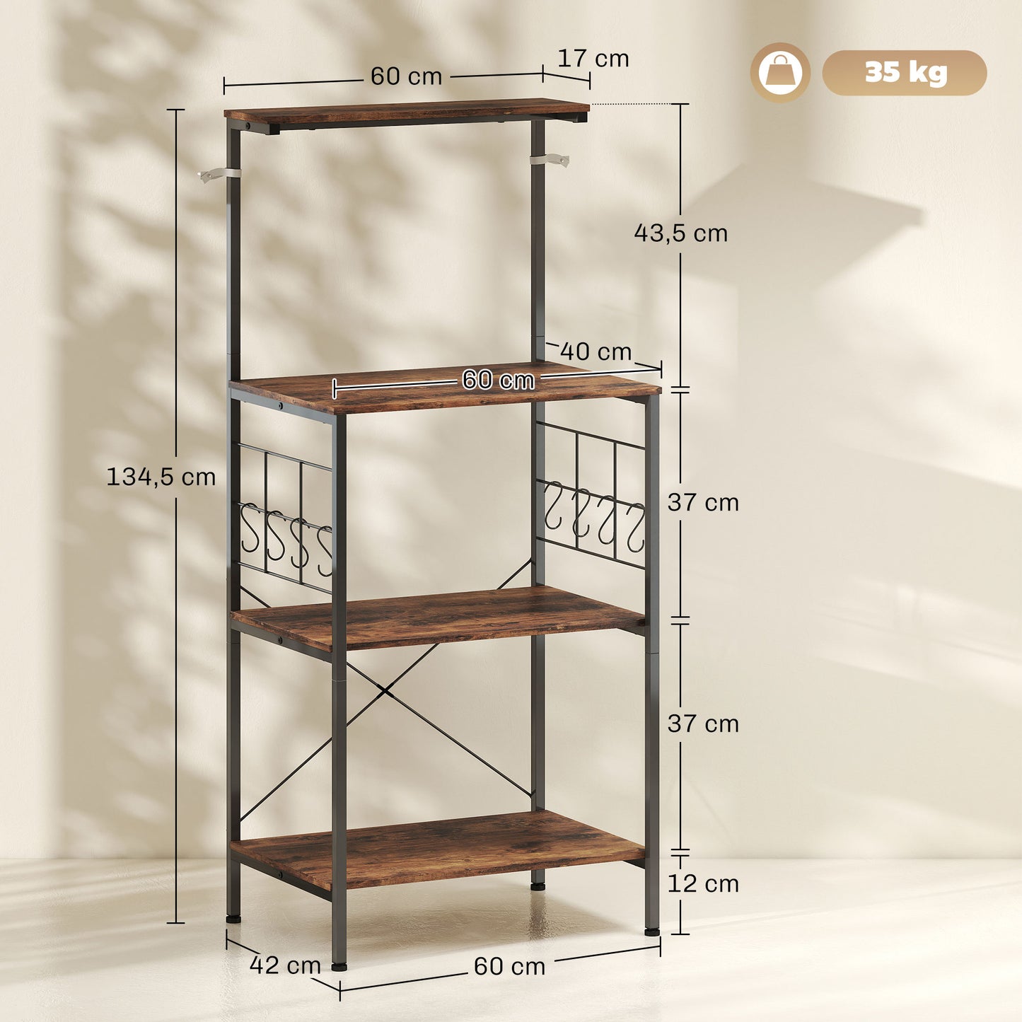 HOMCOM Küchenregal, 4-stufiges Design, Arbeitsplatte, 8 Haken, Metallrohre, Braun+Schwarz