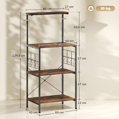 HOMCOM Küchenregal, 4-stufiges Design, Arbeitsplatte, 8 Haken, Metallrohre, Braun+Schwarz