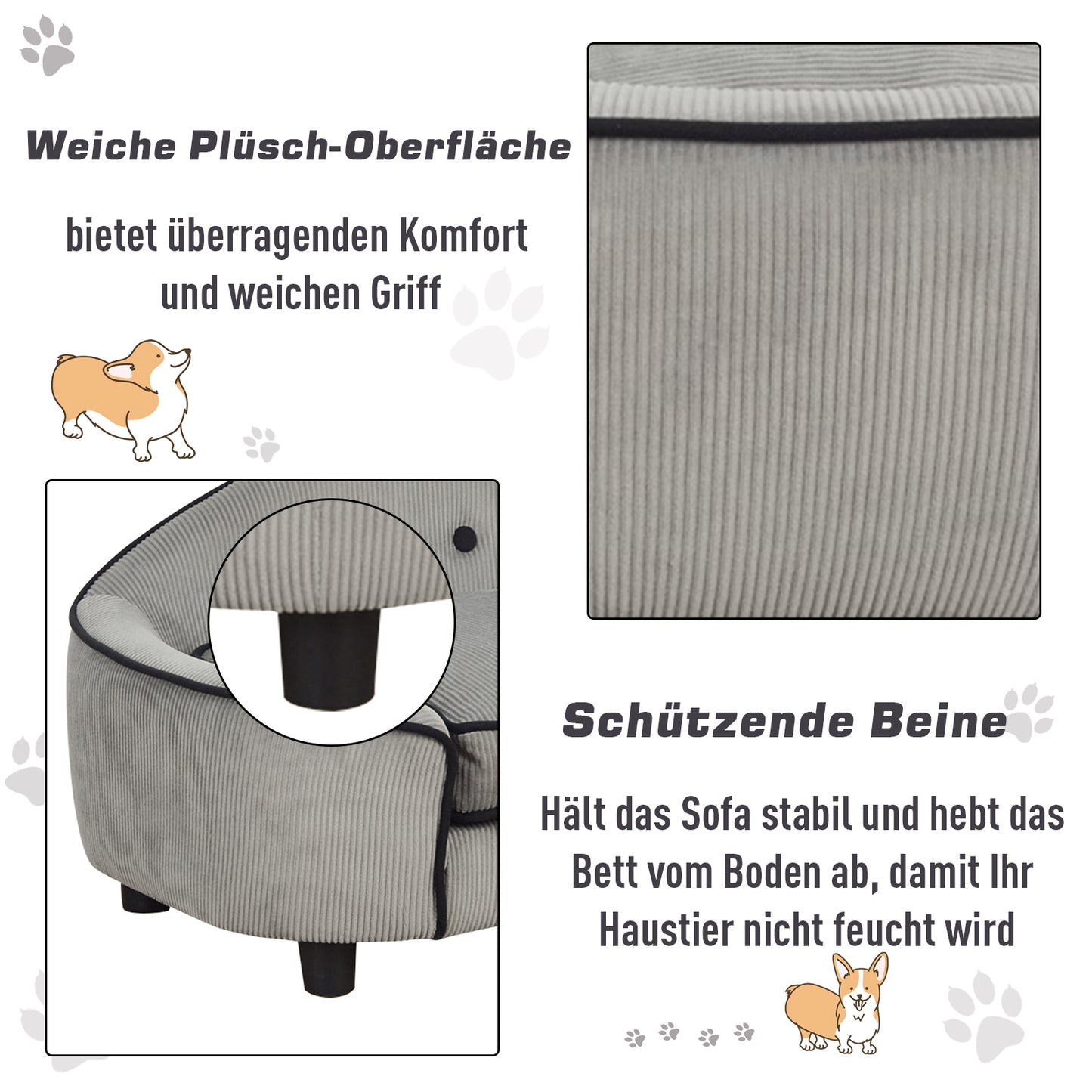 PawHut Haustiersoffa, Hundebett, Hundematte, Hundesofa, Naturholz+Plüsch, Grau, 66,5 x 45 x 35,5 cm