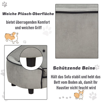 PawHut Haustiersoffa, Hundebett, Hundematte, Hundesofa, Naturholz+Plüsch, Grau, 66,5 x 45 x 35,5 cm