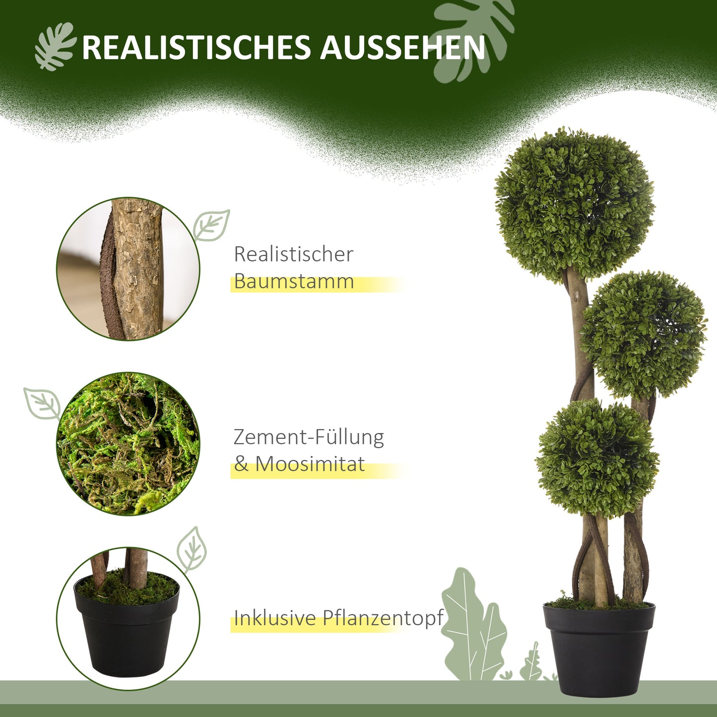 HOMCOM Künstlicher Buchsbaum, Kunstpflanze, realistisches Aussehen, Outdoor, Grün + Schwarz