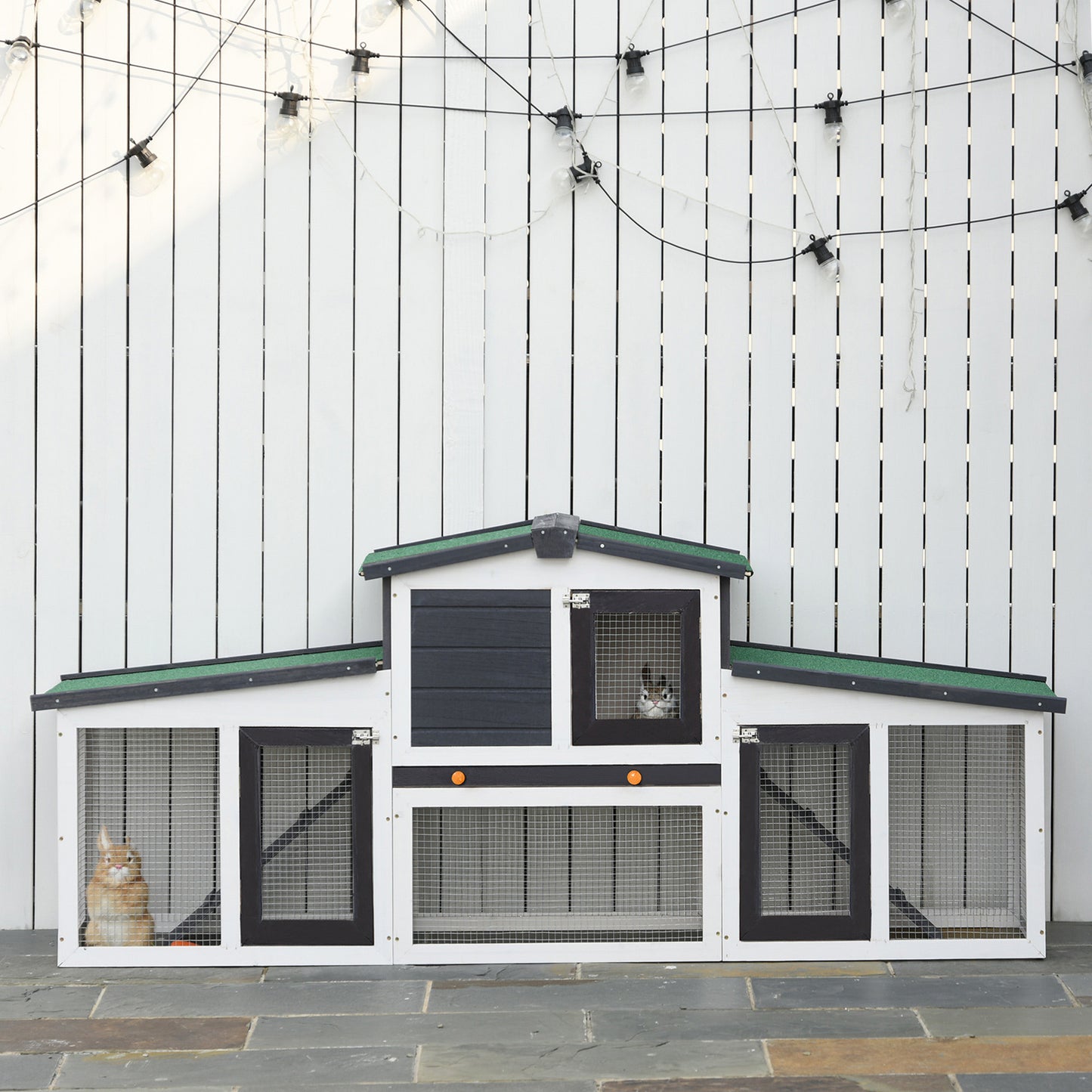 PawHut Kleintierstall mit 2 Freigehegen wetterbeständig Tannenholz Weiß + Grün