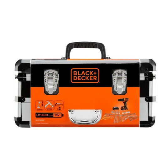BLACK & DECKER - Percussion Drill - Li Ion Battery 2x18 V + 80 Accessories in Box - Black and Orange