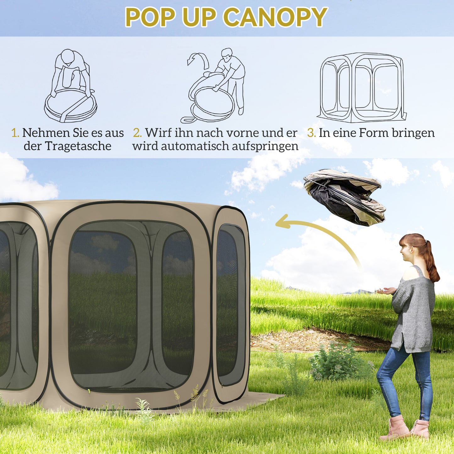 Outsunny Pop-up-Campingzelt, tragbar, UPF50+ Schutz, Netz-Seiten, Stahldraht, Khaki