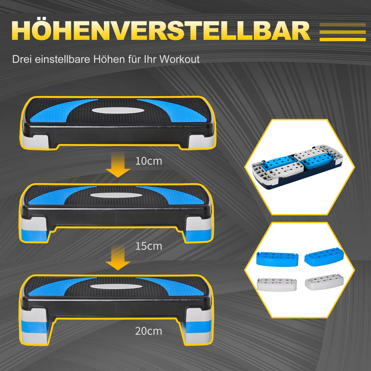 HOMCOM Aerobic-Stepper 3-stufig höhenverstellbar 80 x 31 x 20 cm Schwarz+Hellblau+Grau