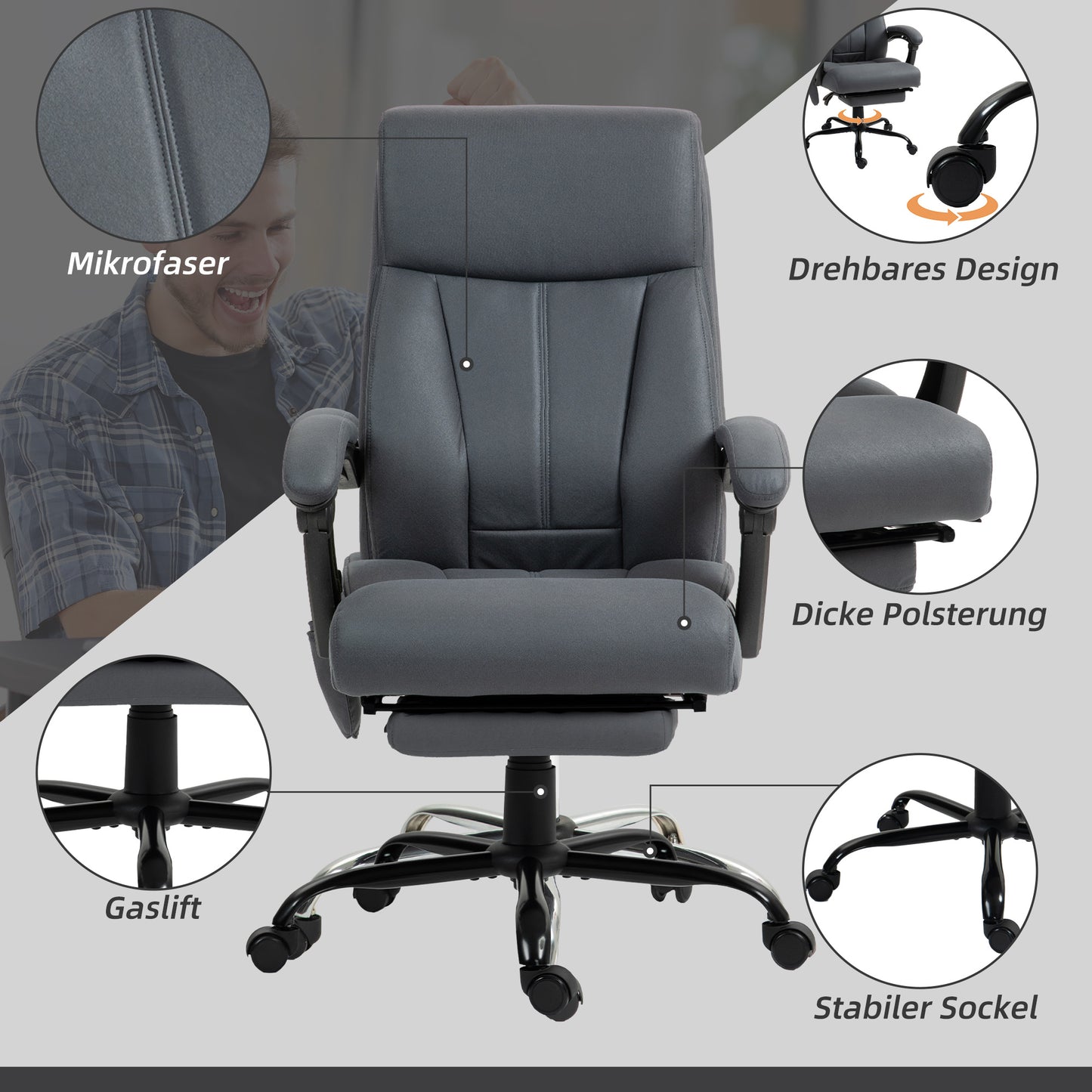 Vinsetto Bürostuhl mit Massagefunktion & Heizfunktion, Fußstütze, bis 120 kg, Dunkelgrau