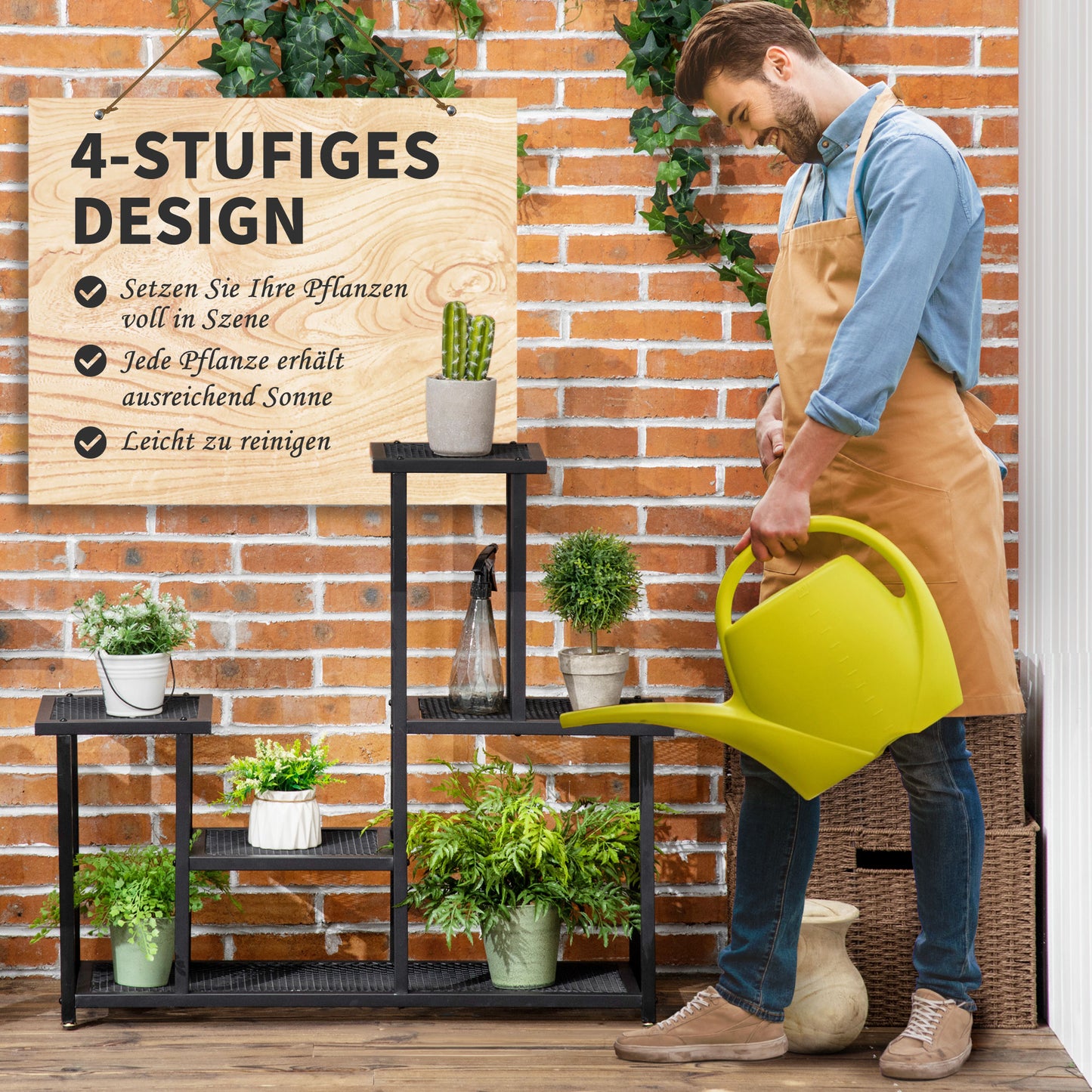 Outsunny Pflanzenregal mit 4 Regalen, wetterbeständig, Blumentreppe, 91 cm x 25 cm x 83 cm, Schwarz