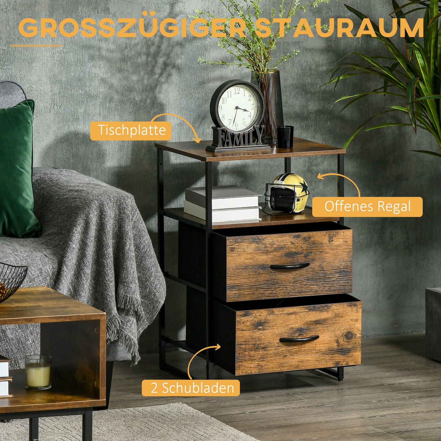 HOMCOM Wohnzimmerschrank, Beistellschrank, Stoffschubladen, MDF, Stahlrahmen, Braun