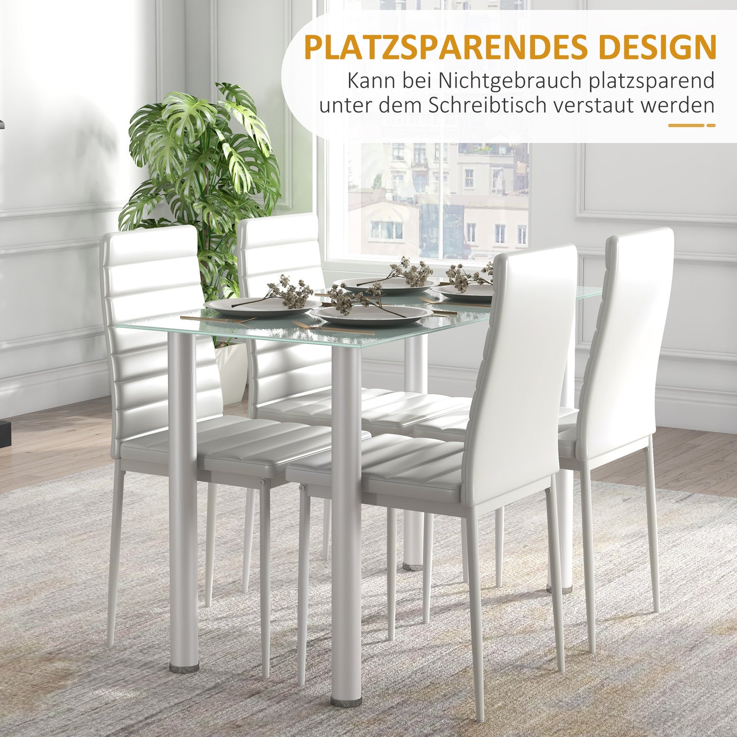 HOMCOM 5-tlg. Essgruppe Sitzgruppe Esstisch mit 4 Stühlen, modernes Design, Glastisch, Weiß