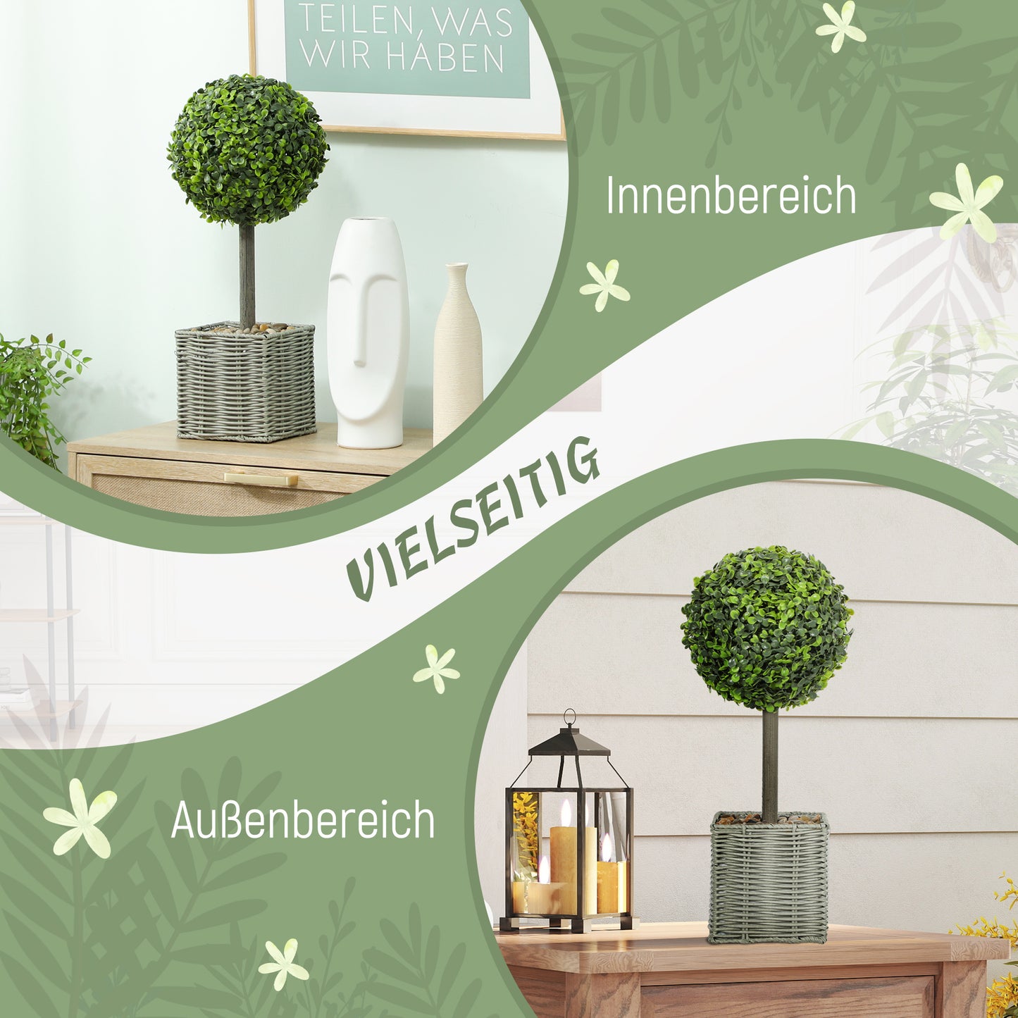 HOMCOM 2er-Set künstliche Pflanzen, UV-beständige Kunstbäume im Topf, für drinnen und draußen geeignet, Kunststoff, Zement, Grün