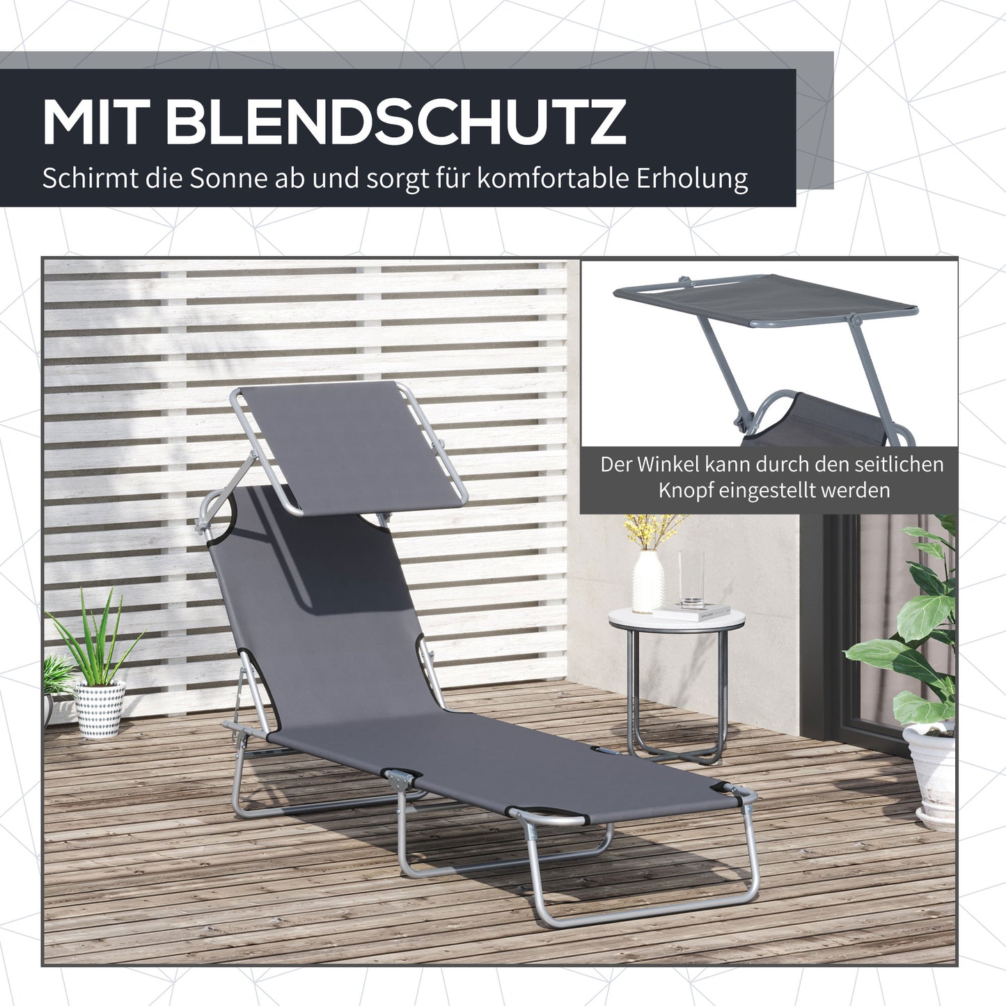 Outsunny Sonnenliege klappbar Gartenliege mit Sonnenschutz Wellnessliege mit 4-Fach verstellbare Rückenlehne Strandliege bis 120kg belastbar für Garten, Balkon und Pool geeignet, 6 Farben(Grau )
