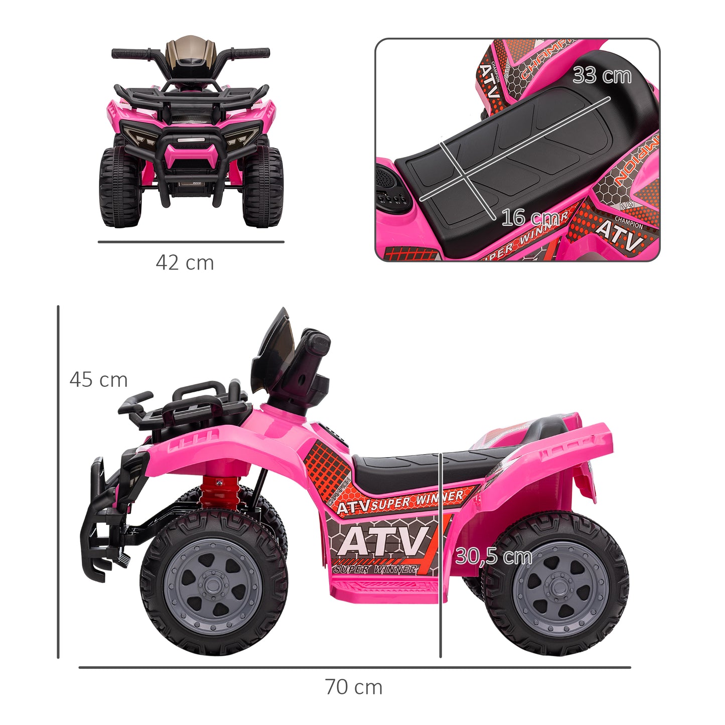 HOMCOM Kinder Quad Elektro 6V Kinderquad mit Vorwärtsfunktion, Musik, Elektro-Quad für Kinder 1,5-3 Jahre Rosa