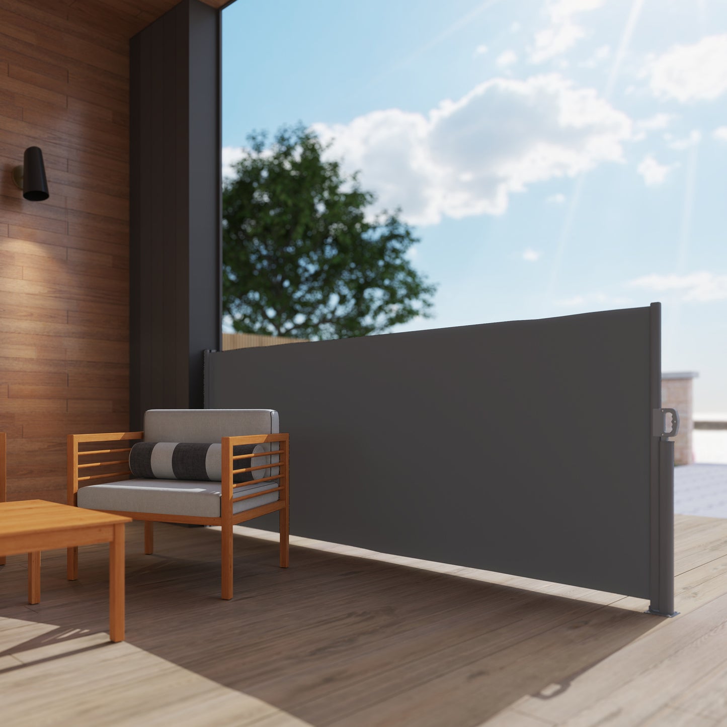 Outsunny Seitenmarkise ausziehbar blickdicht Sichtschutz mit Wandhalterung Beschichtung 300x140cm Dunkelgrau