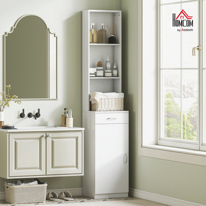 HOMCOM Hoher Badezimmerschrank, schmales Design, Schublade, Regale, Schrank, Spanplatte, Weiß