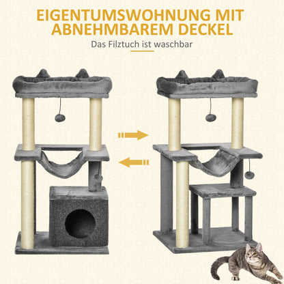 PawHut Katzenbaum 90 cm Kratzbaum mit Hängematte Spielbaum Katzenhöhle Plattformen Kletterbaum Katzenkratzbaum Aktivitätskratzbäum Plüsch Sisal Grau